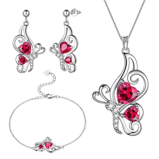 Tokyo Mart Butterfly Birthstone July Ruby Jewelry Set 4PCS Women Girls Birthday Gift