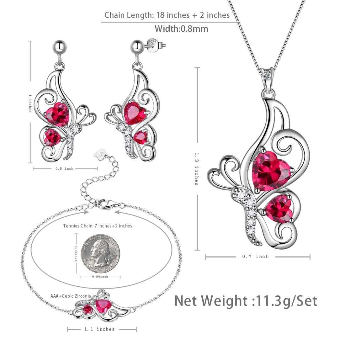 Tokyo Mart Butterfly Birthstone July Ruby Jewelry Set 4PCS Women Girls Birthday Gift