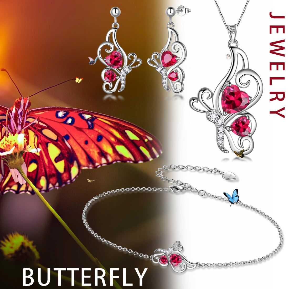 Tokyo Mart Butterfly Birthstone July Ruby Jewelry Set 4PCS Women Girls Birthday Gift