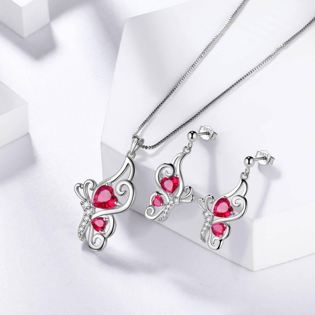 Tokyo Mart Butterfly Birthstone July Ruby Jewelry Set 3PCS Women Girls Birthday Gift