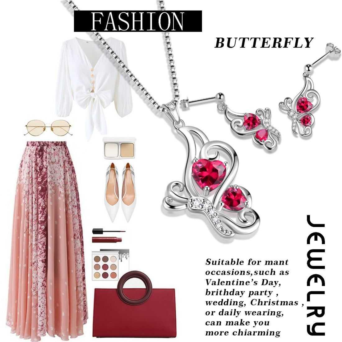 Tokyo Mart Butterfly Birthstone July Ruby Jewelry Set 3PCS Women Girls Birthday Gift