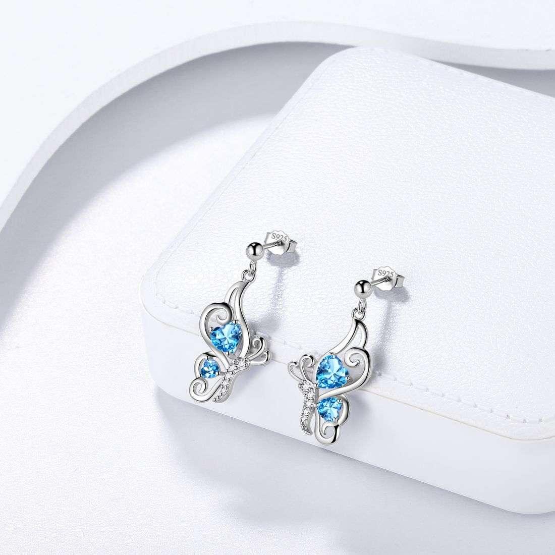 Tokyo Mart Butterfly Birthstone March Aquamarine Earrings Women Girls Jewelry Birthday Gift Sterling Silver