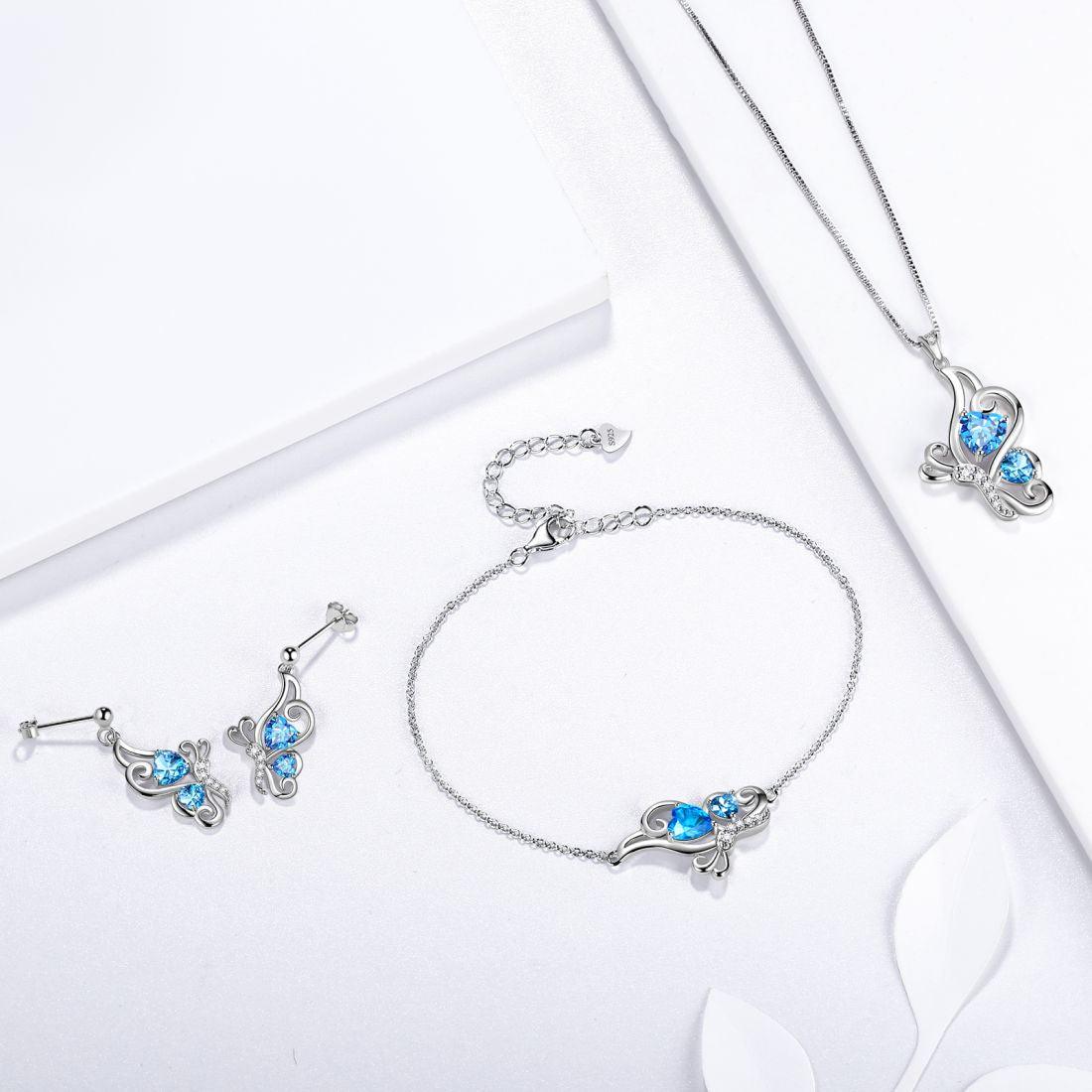 Tokyo Mart Butterfly Birthstone March Aquamarine Jewelry Set 4PCS Women Girls Birthday Gift