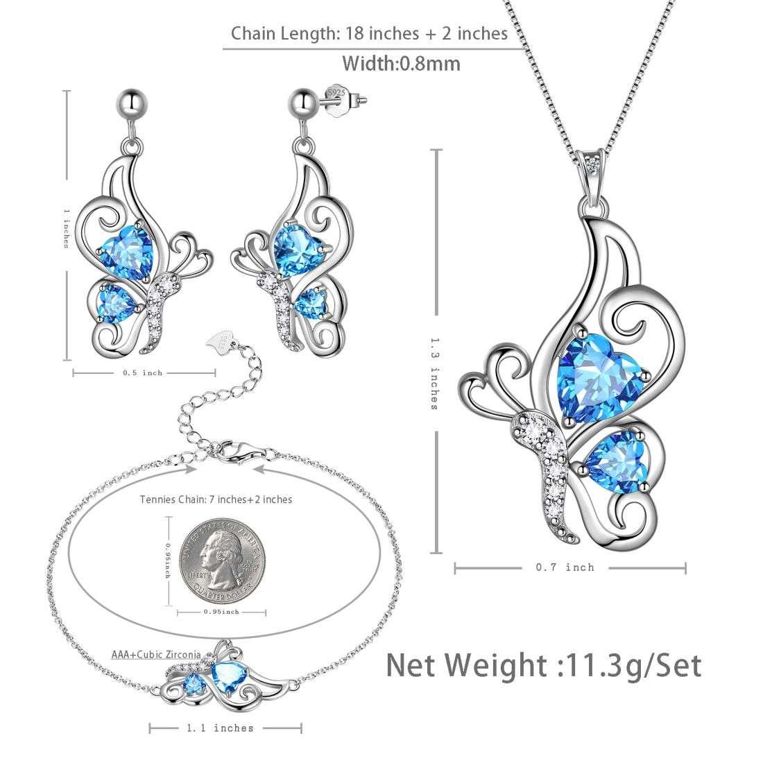 Tokyo Mart Butterfly Birthstone March Aquamarine Jewelry Set 4PCS Women Girls Birthday Gift