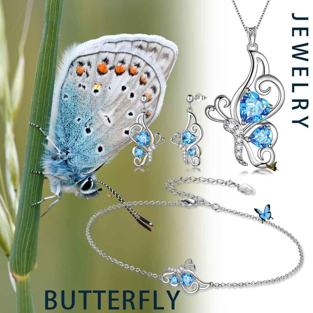 Tokyo Mart Butterfly Birthstone March Aquamarine Jewelry Set 4PCS Women Girls Birthday Gift