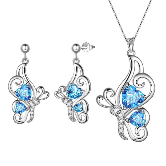 Tokyo Mart Butterfly Birthstone March Aquamarine Jewelry Set 3PCS Women Girls Birthday Gift