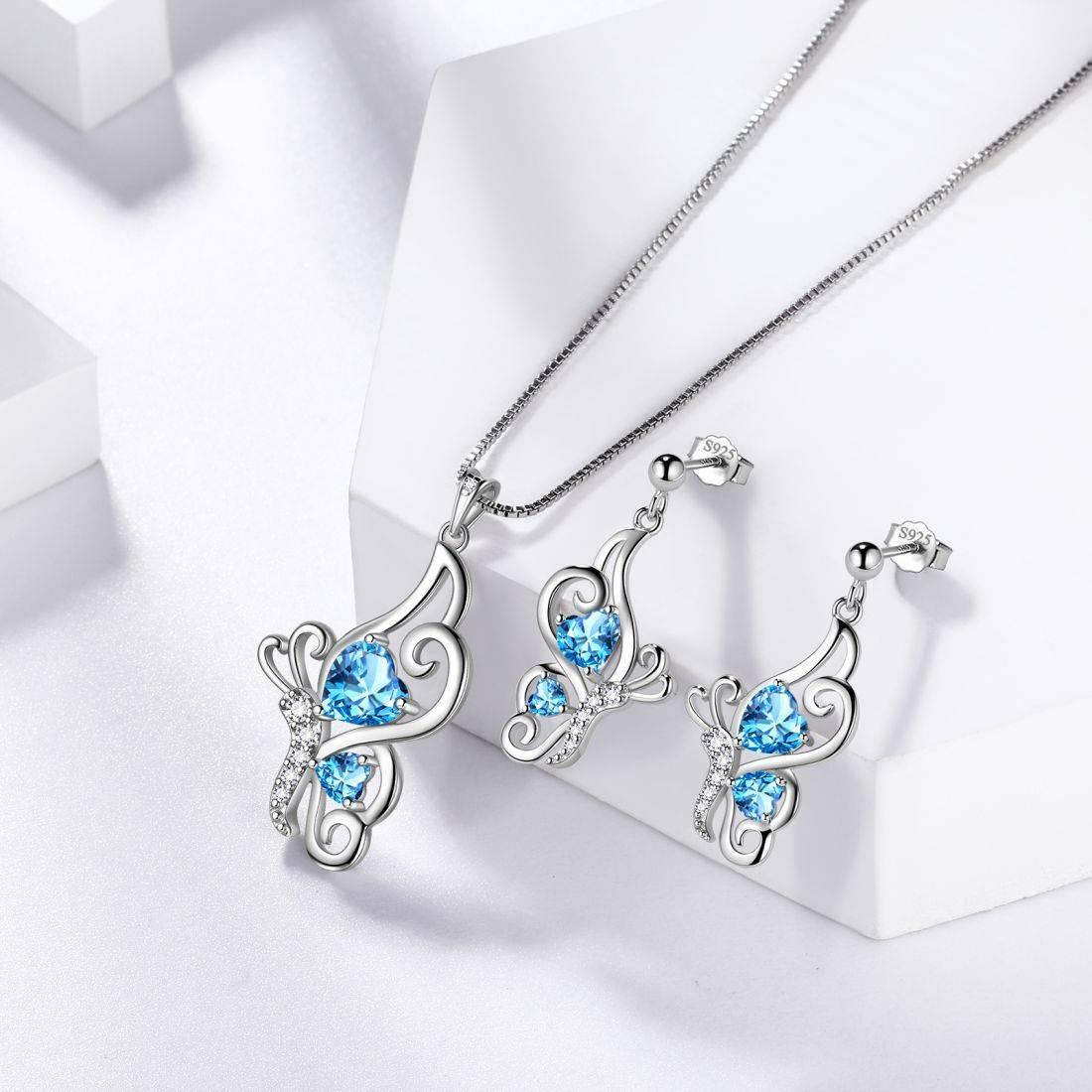 Tokyo Mart Butterfly Birthstone March Aquamarine Jewelry Set 3PCS Women Girls Birthday Gift