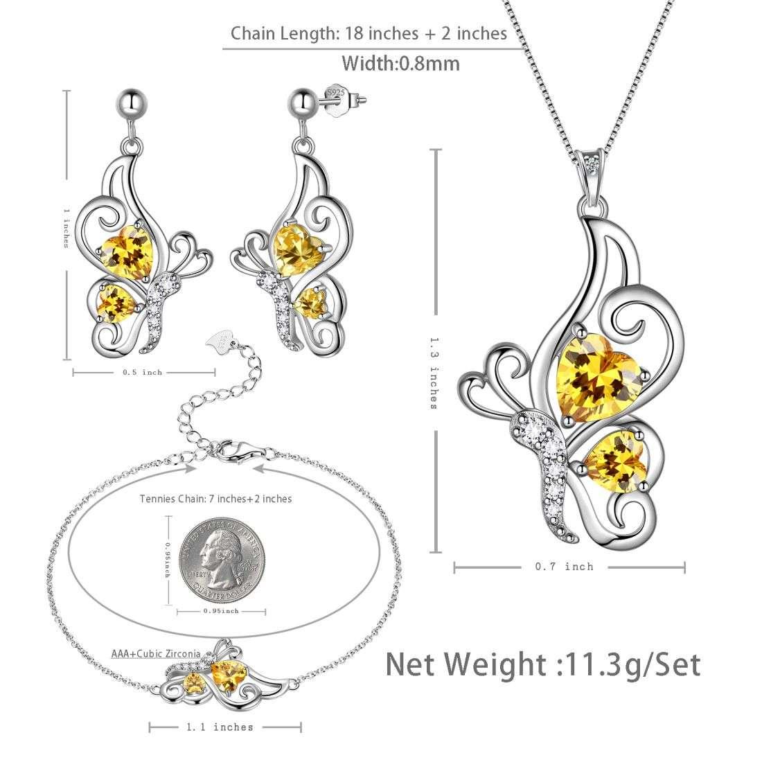 Tokyo Mart Butterfly Birthstone November Citrine Jewelry Set 4PCS Women Girls Birthday Gift