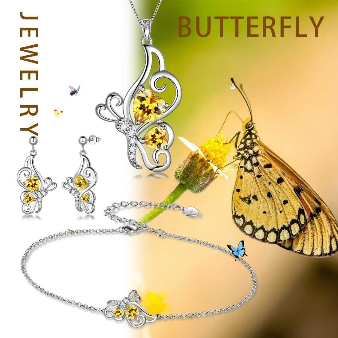 Tokyo Mart Butterfly Birthstone November Citrine Jewelry Set 4PCS Women Girls Birthday Gift