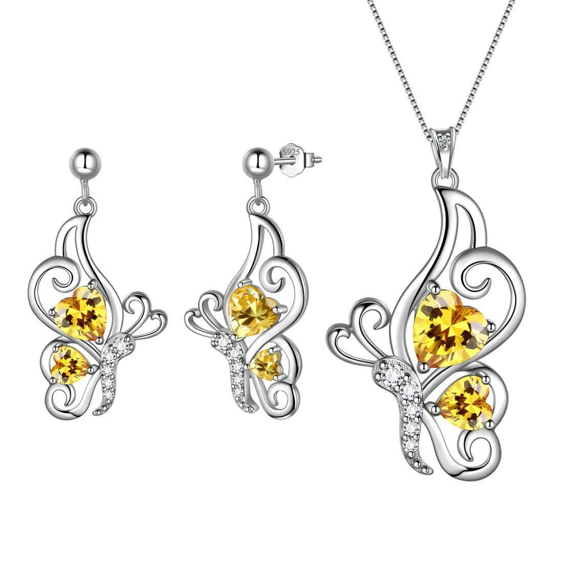 Tokyo Mart Butterfly Birthstone November Citrine Jewelry Set 3PCS Women Girls Birthday Gift