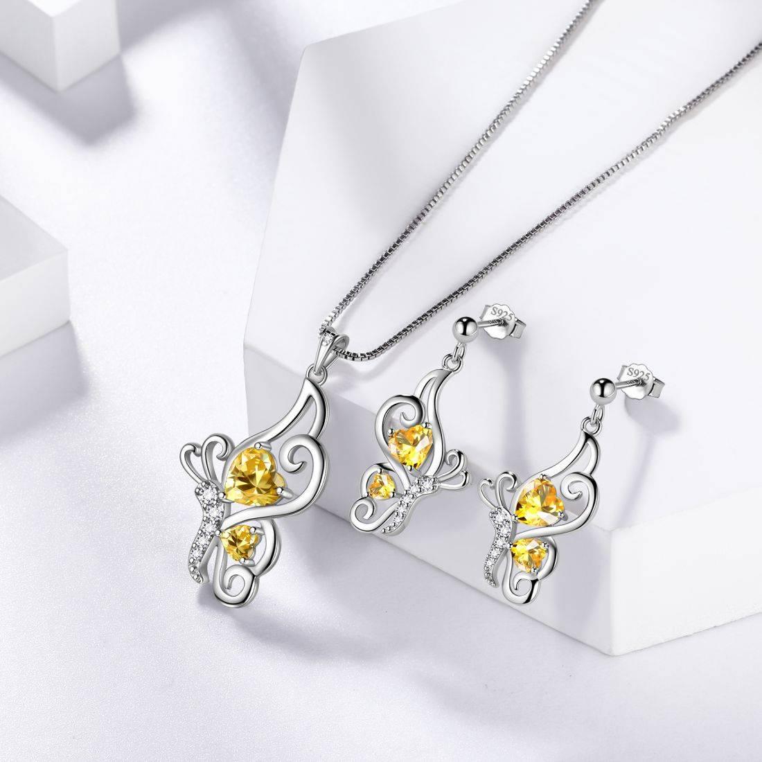 Tokyo Mart Butterfly Birthstone November Citrine Jewelry Set 3PCS Women Girls Birthday Gift