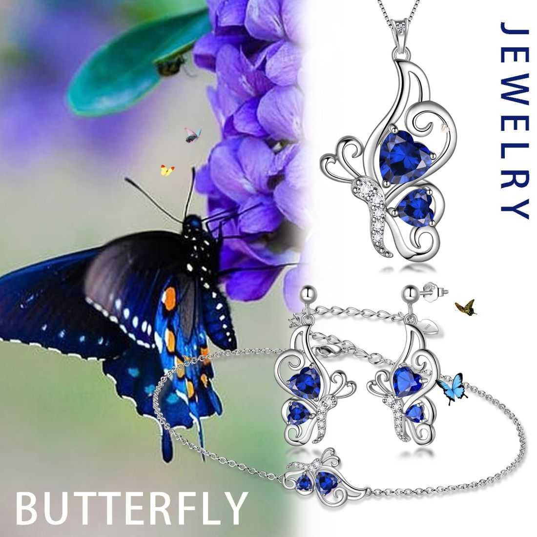 Tokyo Mart Butterfly Birthstone September Sapphire Jewelry Set 4PCS Women Girls Birthday Gift