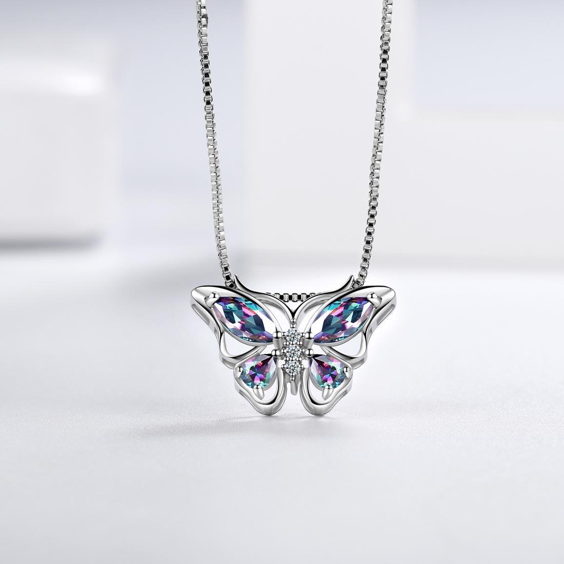 Tokyo Mart Butterfly Rainbow Mystic Topaz Necklaces Women Girls Jewelry Gift Sterling Silver