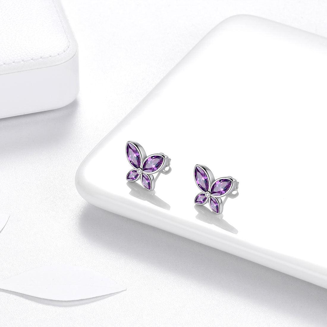 Tokyo Mart Butterfly Stud Earrings Birthstone February Amethyst Women Girls Jewelry Birthday Gift