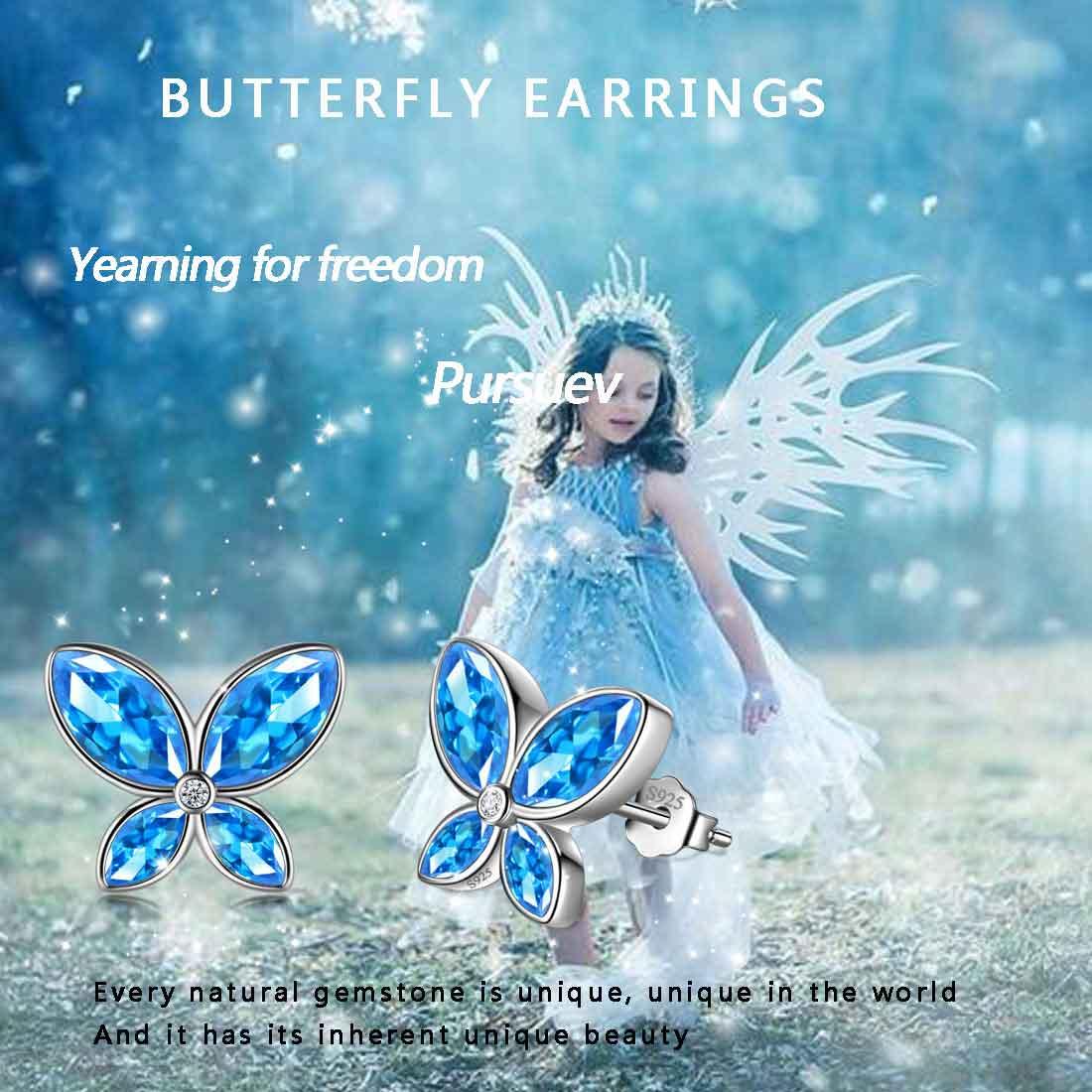 Tokyo Mart Butterfly Stud Earrings Birthstone March Aquamarine Women Girls Jewelry Birthday Gift