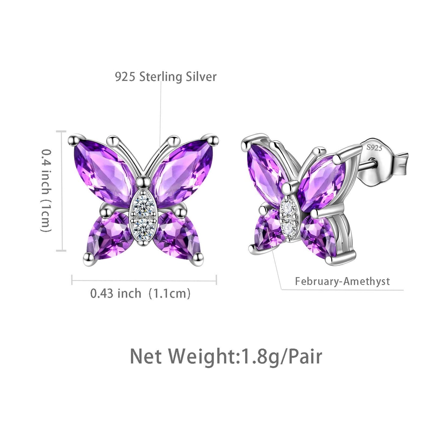 Tokyo Mart Women Stud Earrings Butterfly Birthstone February Amethyst Girls Jewelry Birthday Gift