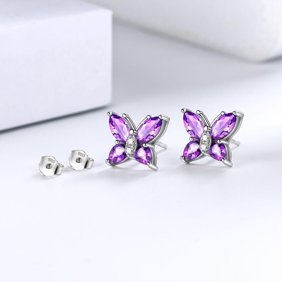 Tokyo Mart Women Stud Earrings Butterfly Birthstone February Amethyst Girls Jewelry Birthday Gift