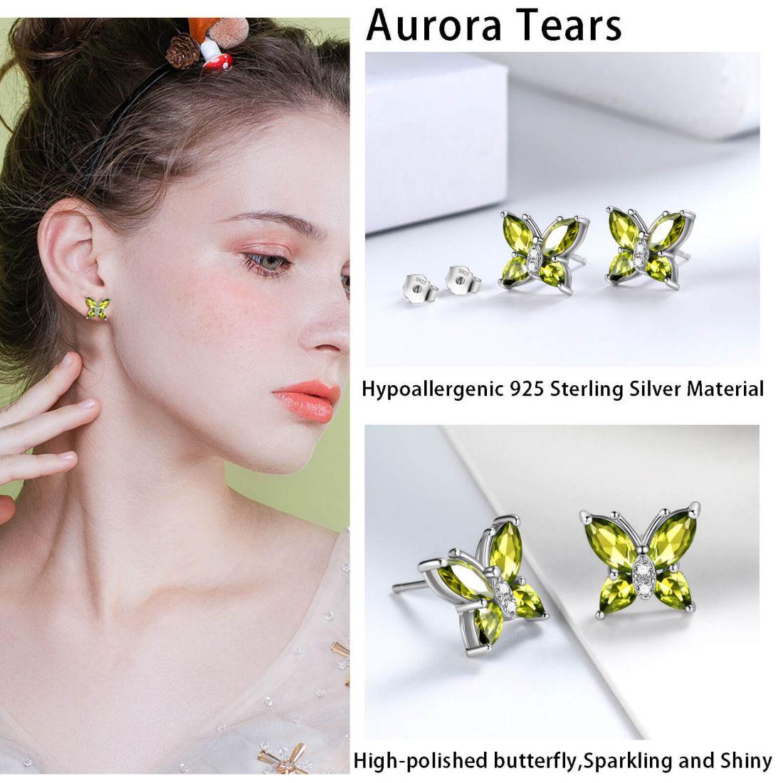 Tokyo Mart Women Stud Earrings Butterfly Birthstone August Peridot Girls Jewelry Birthday Gift