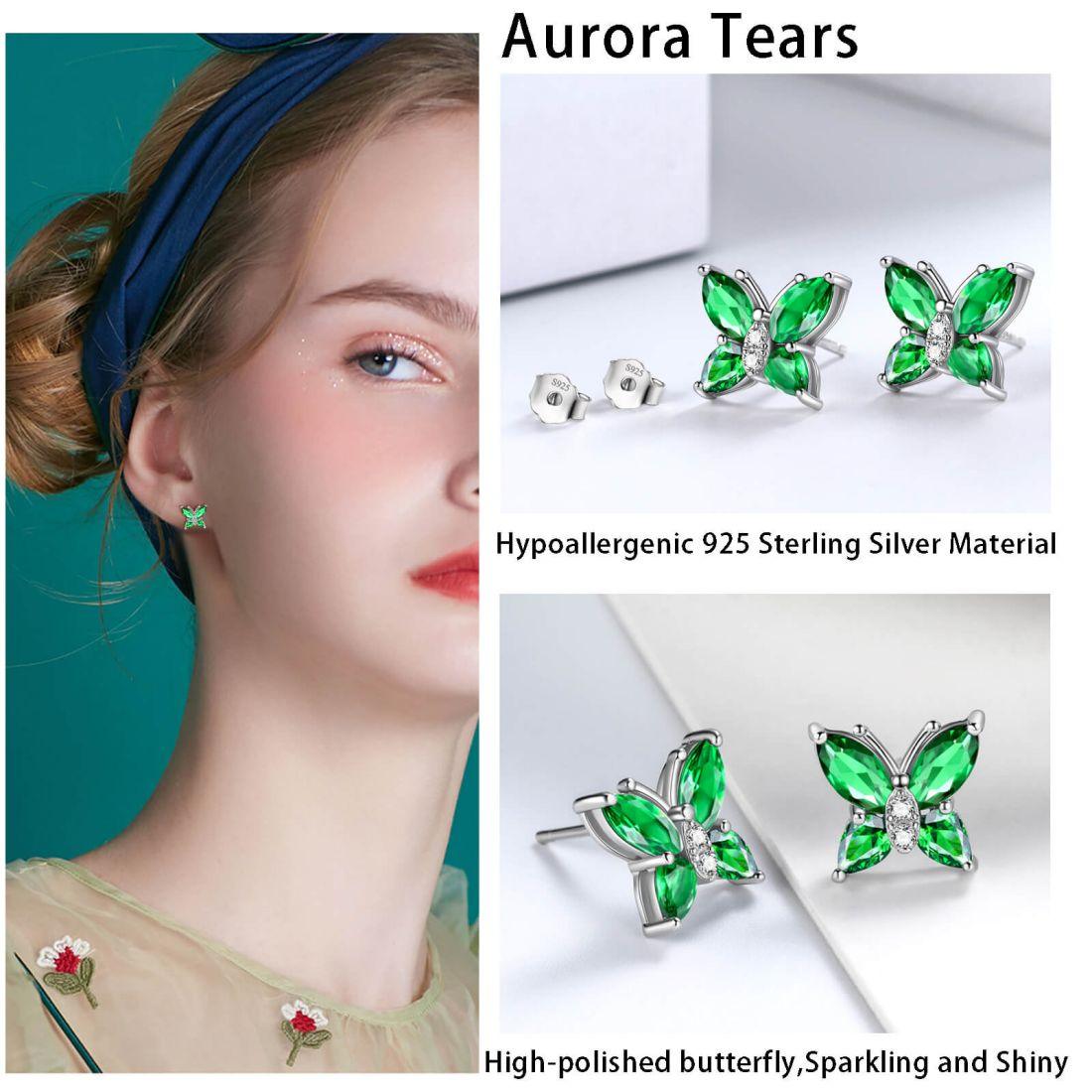 Tokyo Mart Women Stud Earrings Butterfly Birthstone May Emerald Girls Jewelry Birthday Gift