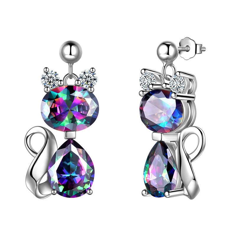 Tokyo Mart Cat Rainbow Mystic Topaz Ohrringe Damen Mädchen Schmuck Geburtstagsgeschenk Sterling Silber