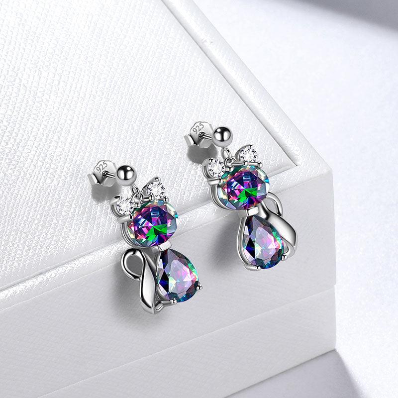 Tokyo Mart Cat Rainbow Mystic Topaz Ohrringe Damen Mädchen Schmuck Geburtstagsgeschenk Sterling Silber