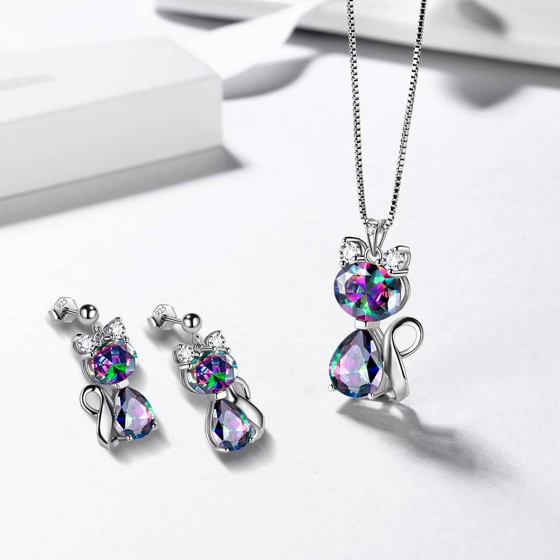 Tokyo Mart Cat Rainbow Mystic Topaz Necklace Earring Jewelry Set Women Girls Birthday Gift