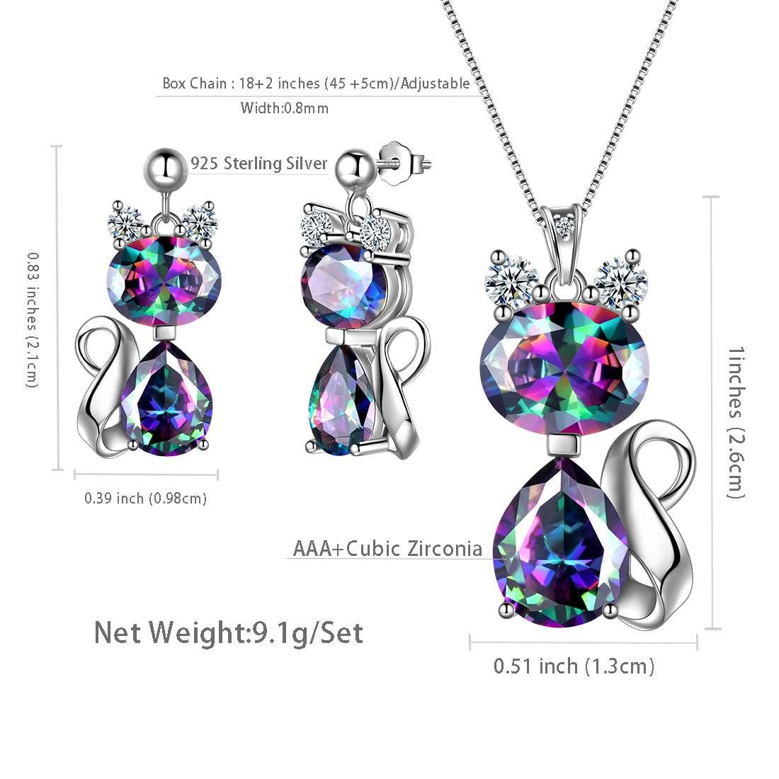 Tokyo Mart Cat Rainbow Mystic Topaz Necklace Earring Jewelry Set Women Girls Birthday Gift