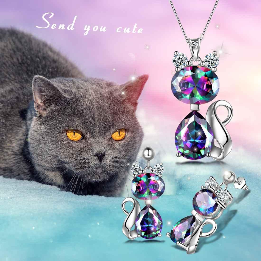 Tokyo Mart Cat Rainbow Mystic Topaz Necklace Earring Jewelry Set Women Girls Birthday Gift