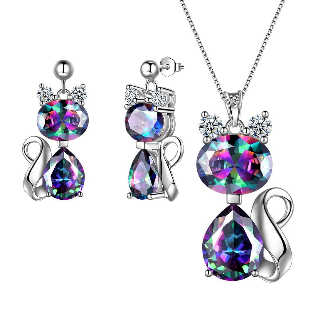 Tokyo Mart Cat Rainbow Mystic Topaz Necklace Earring Jewelry Set Women Girls Birthday Gift