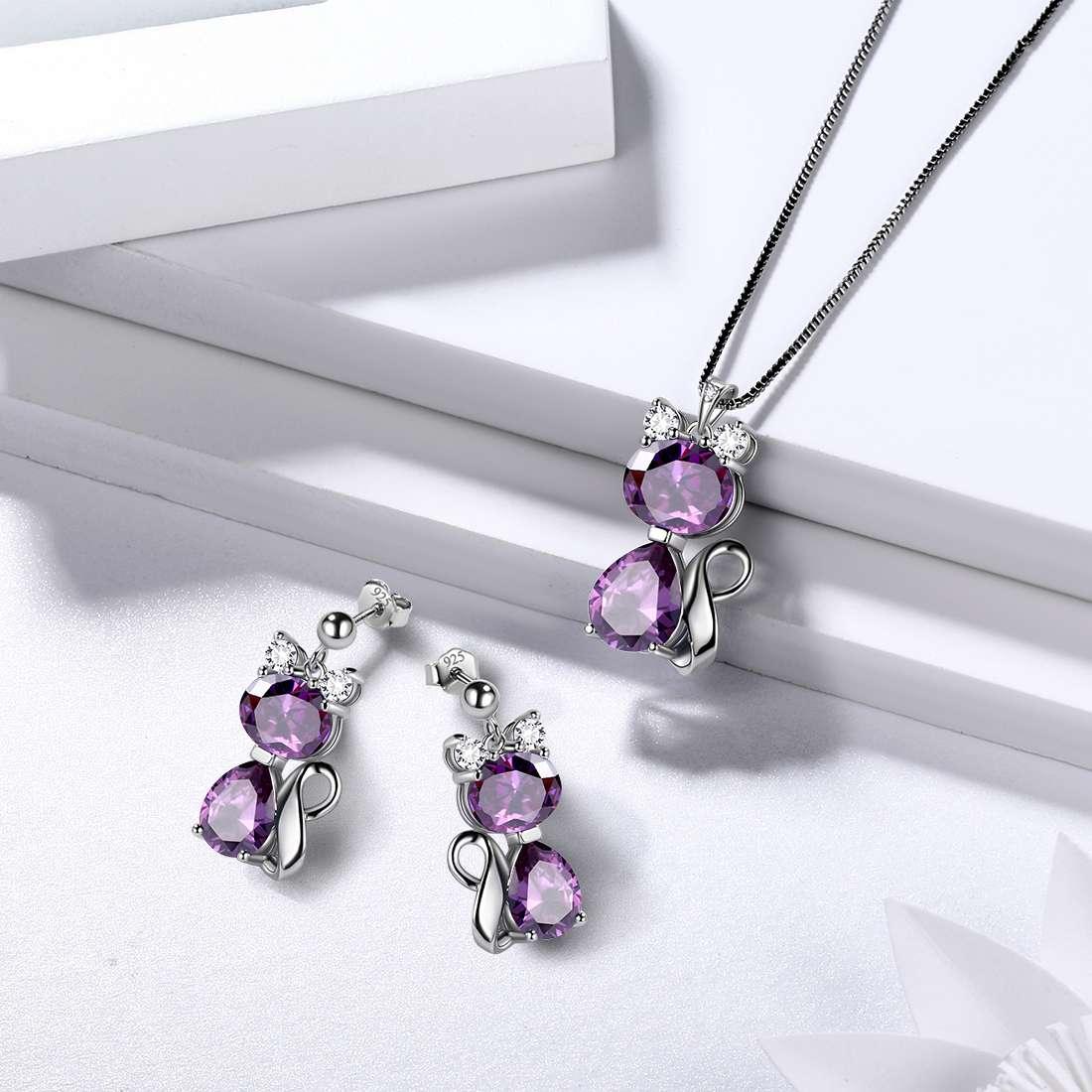 Tokyo Mart Schmuckset mit Halskette und Ohrringen mit Geburtsstein für Februar, Amethyst, für Frauen und Mädchen, Geburtstagsgeschenk