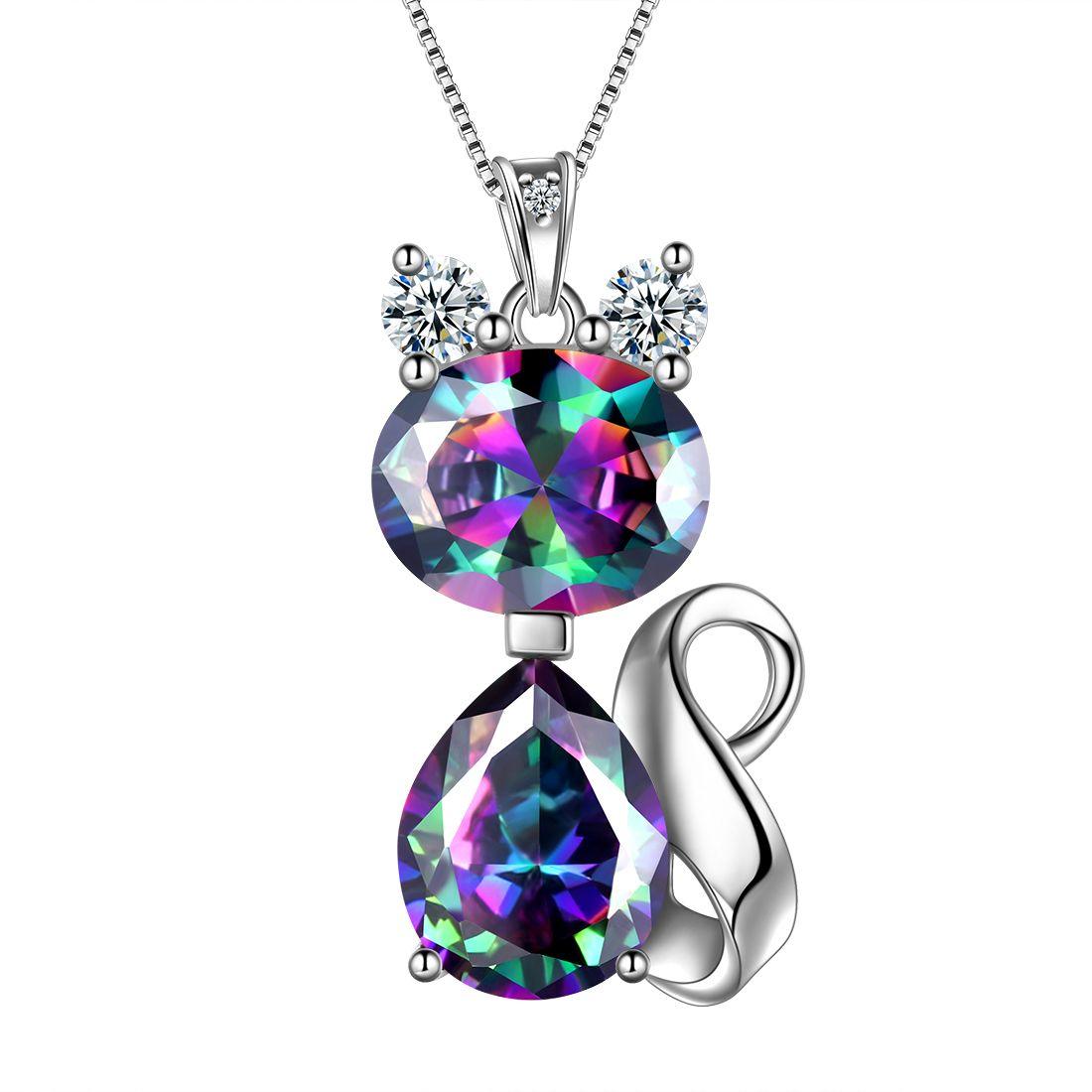 Tokyo Mart Cat Rainbow Mystic Topaz Necklace Women Girls Jewelry Birthday Gift Sterling Silver