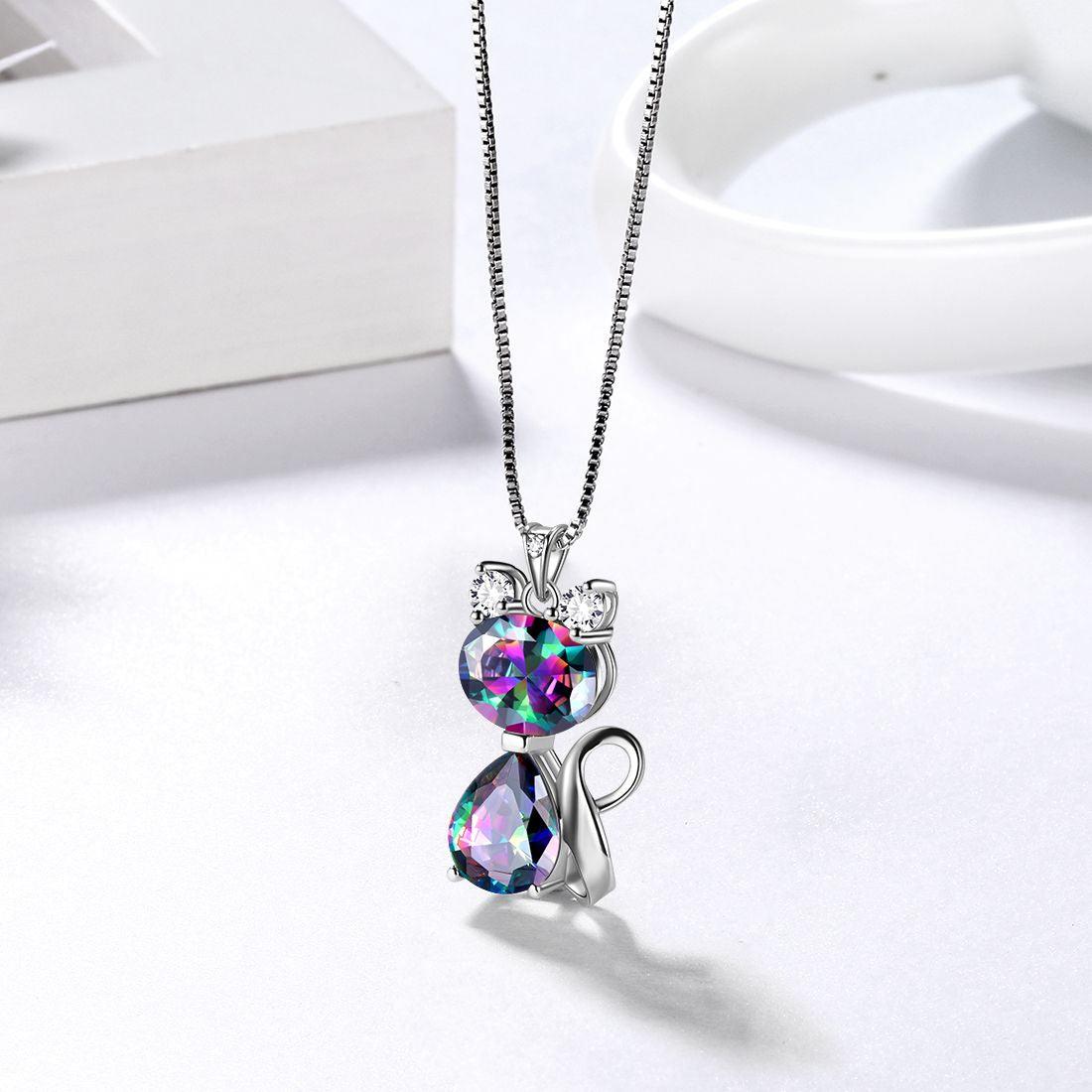 Tokyo Mart Cat Rainbow Mystic Topaz Necklace Earring Jewelry Set Women Girls Birthday Gift