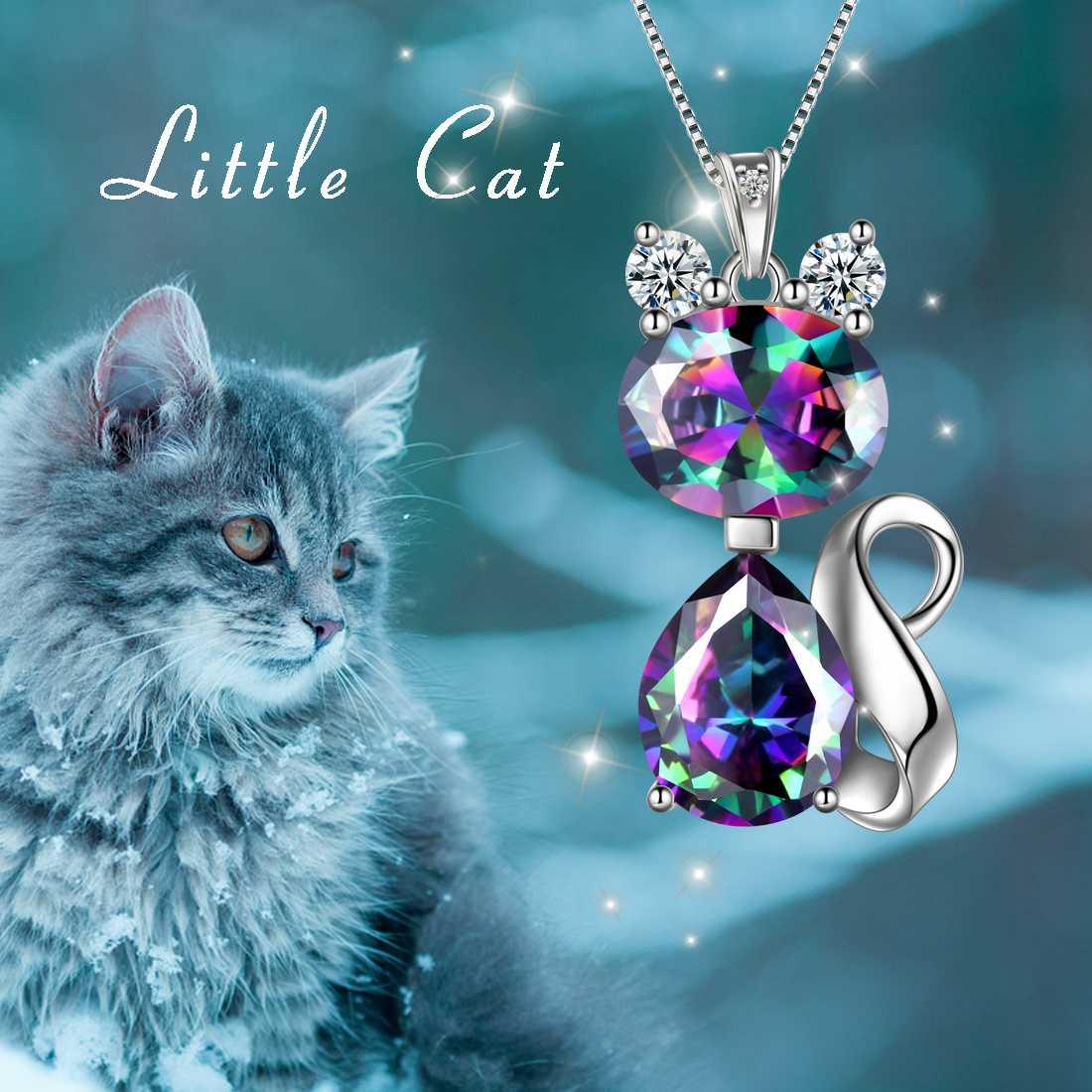 Tokyo Mart Cat Rainbow Mystic Topaz Necklace Women Girls Jewelry Birthday Gift Sterling Silver