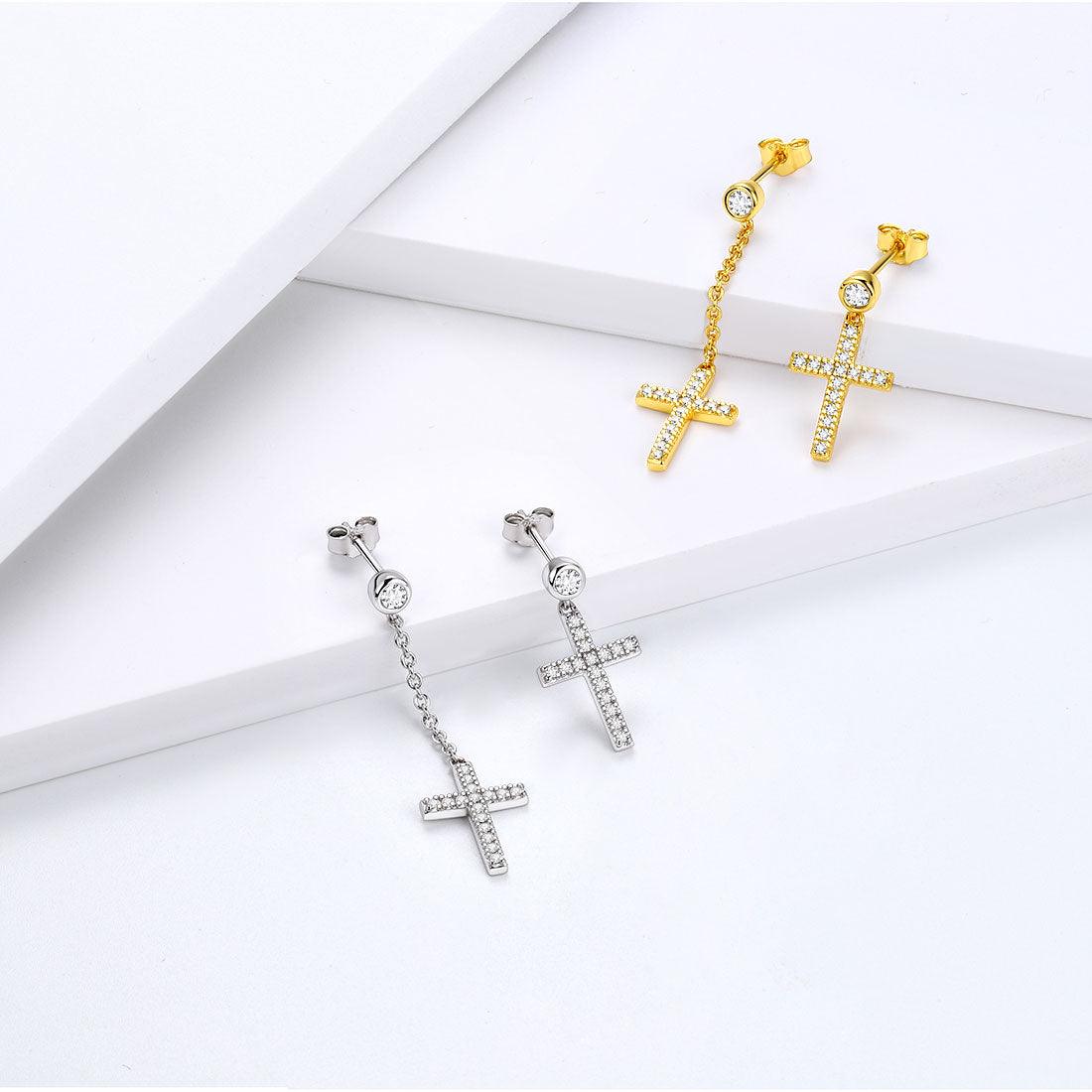 Tokyo Mart Klassische asymmetrische kleine Kreuz-Ohrringe für Damen und Herren, Sterling-Silber