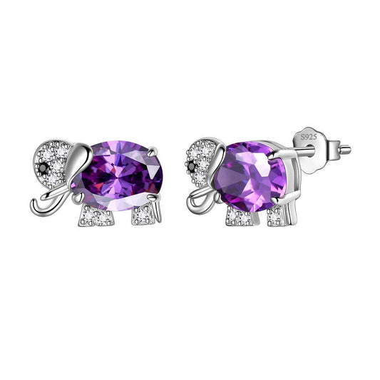 Tokyo Mart Elefanten-Ohrringe mit Geburtsstein für Februar, Amethyst, Ohrstecker für Damen und Mädchen, Schmuck, Geburtstagsgeschenk