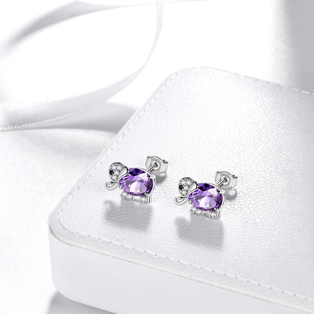 Tokyo Mart Elefanten-Ohrringe mit Geburtsstein für Februar, Amethyst, Ohrstecker für Damen und Mädchen, Schmuck, Geburtstagsgeschenk