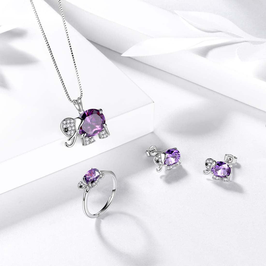 Tokyo Mart Elefanten-Ohrringe mit Geburtsstein für Februar, Amethyst, Ohrstecker für Damen und Mädchen, Schmuck, Geburtstagsgeschenk