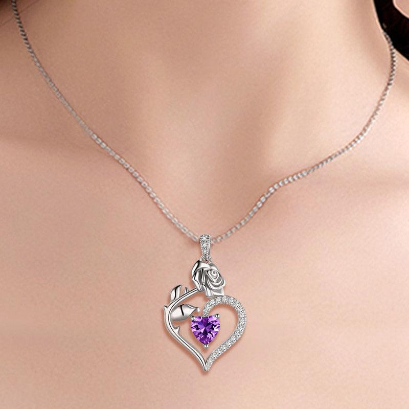 Tokyo Mart Halskette mit Amethyst-Anhänger für Damen, mit Herz-Geburtsstein, Blume und Rose, Schmuck, Geburtstagsgeschenke