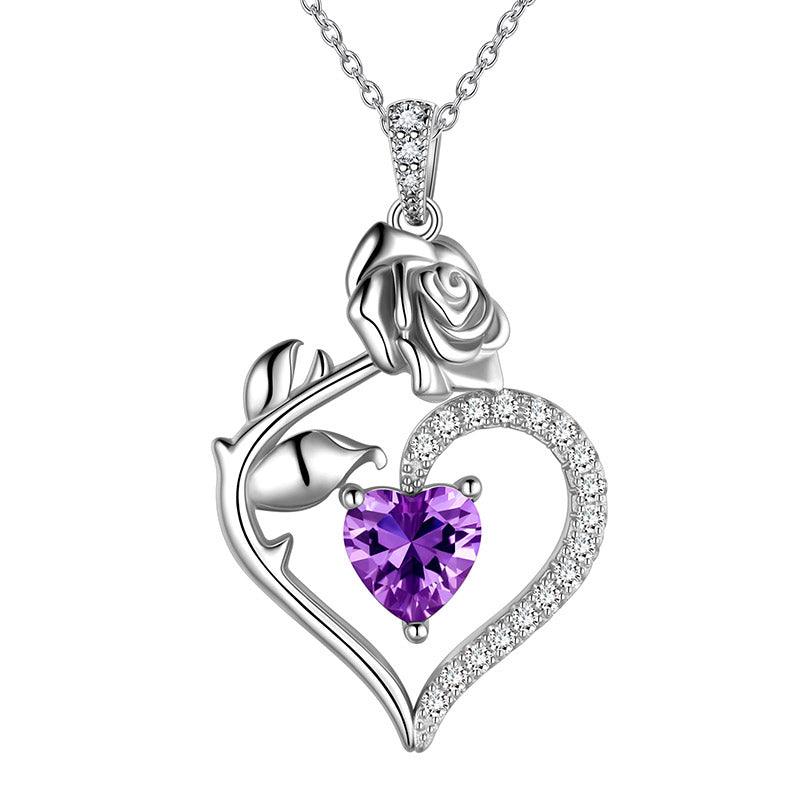 Tokyo Mart Halskette mit Amethyst-Anhänger für Damen, mit Herz-Geburtsstein, Blume und Rose, Schmuck, Geburtstagsgeschenke