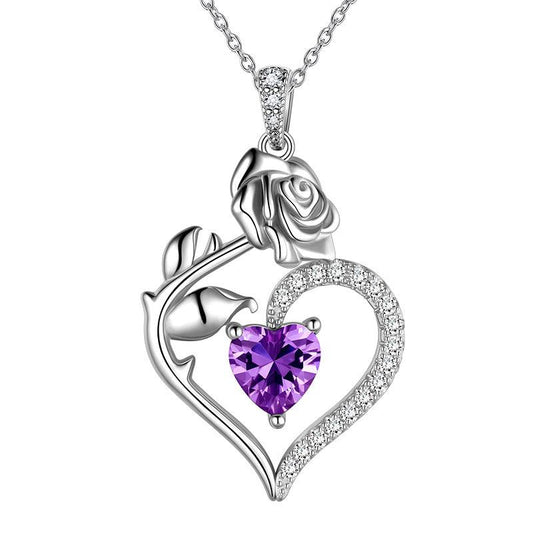 Tokyo Mart Halskette mit Amethyst-Anhänger für Damen, mit Herz-Geburtsstein, Blume und Rose, Schmuck, Geburtstagsgeschenke