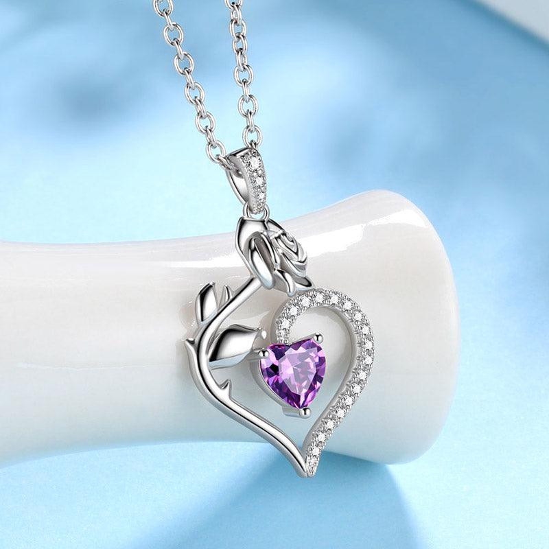 Tokyo Mart Halskette mit Amethyst-Anhänger für Damen, mit Herz-Geburtsstein, Blume und Rose, Schmuck, Geburtstagsgeschenke