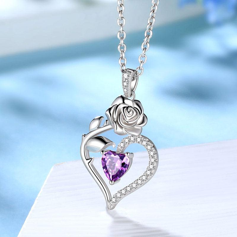 Tokyo Mart Halskette mit Amethyst-Anhänger für Damen, mit Herz-Geburtsstein, Blume und Rose, Schmuck, Geburtstagsgeschenke