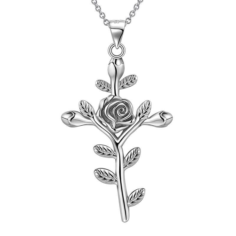 Tokyo Mart Flower Rose Cross Necklace Pendant Women Jewelry 925 Sterling Silver