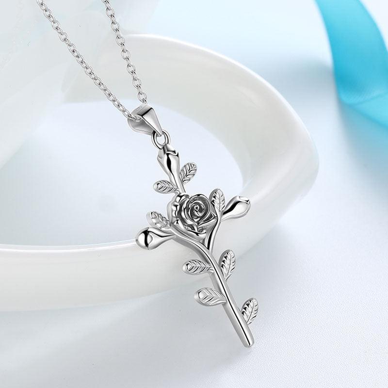 Tokyo Mart Flower Rose Cross Necklace Pendant Women Jewelry 925 Sterling Silver