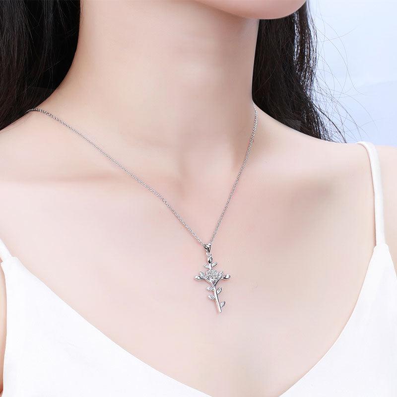 Tokyo Mart Flower Rose Cross Necklace Pendant Women Jewelry 925 Sterling Silver