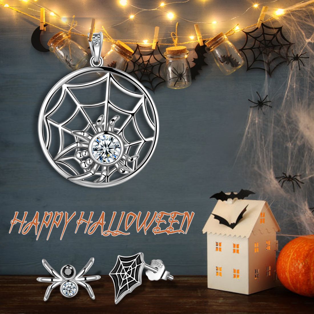 Tokyo Mart Halloween Spinne Schmuck Set Ohrringe Halskette Frauen Schmuck 925 Sterling Silber