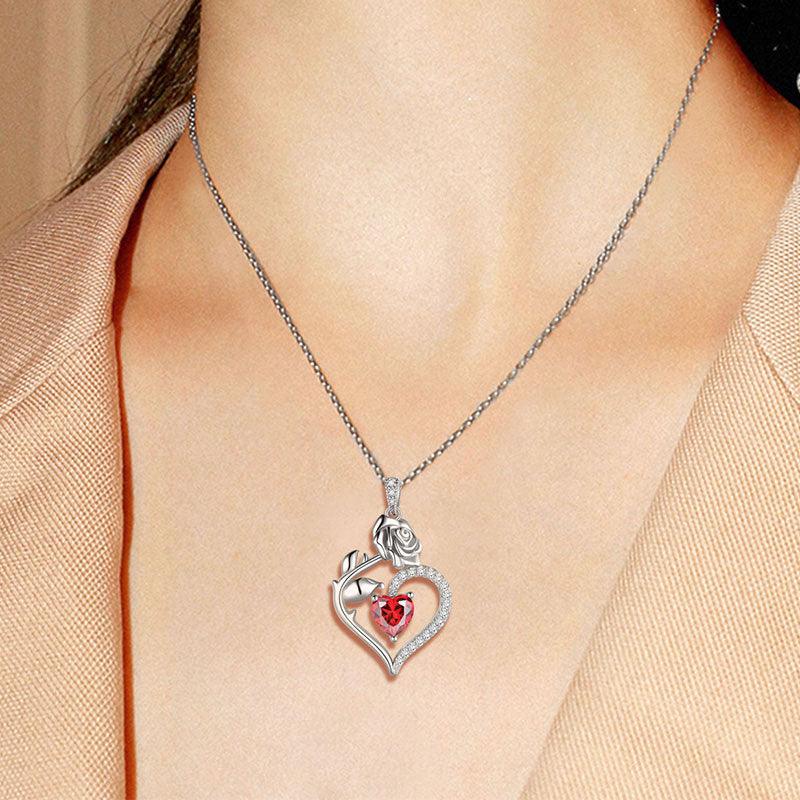 Tokyo Mart January Garnet Necklace Women Heart Birthstone Pendant Flower Rose Jewelry Birthday Gifts