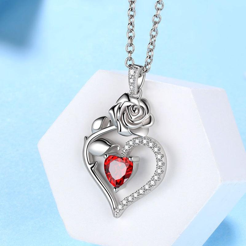 Tokyo Mart January Garnet Necklace Women Heart Birthstone Pendant Flower Rose Jewelry Birthday Gifts