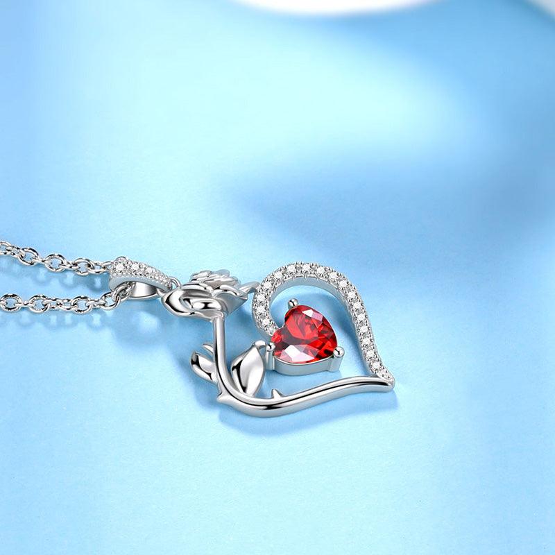 Tokyo Mart January Garnet Necklace Women Heart Birthstone Pendant Flower Rose Jewelry Birthday Gifts