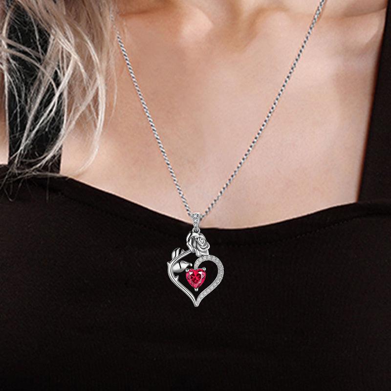 Tokyo Mart July Ruby Necklace Women Heart Birthstone Pendant Flower Rose Jewelry Birthday Gifts